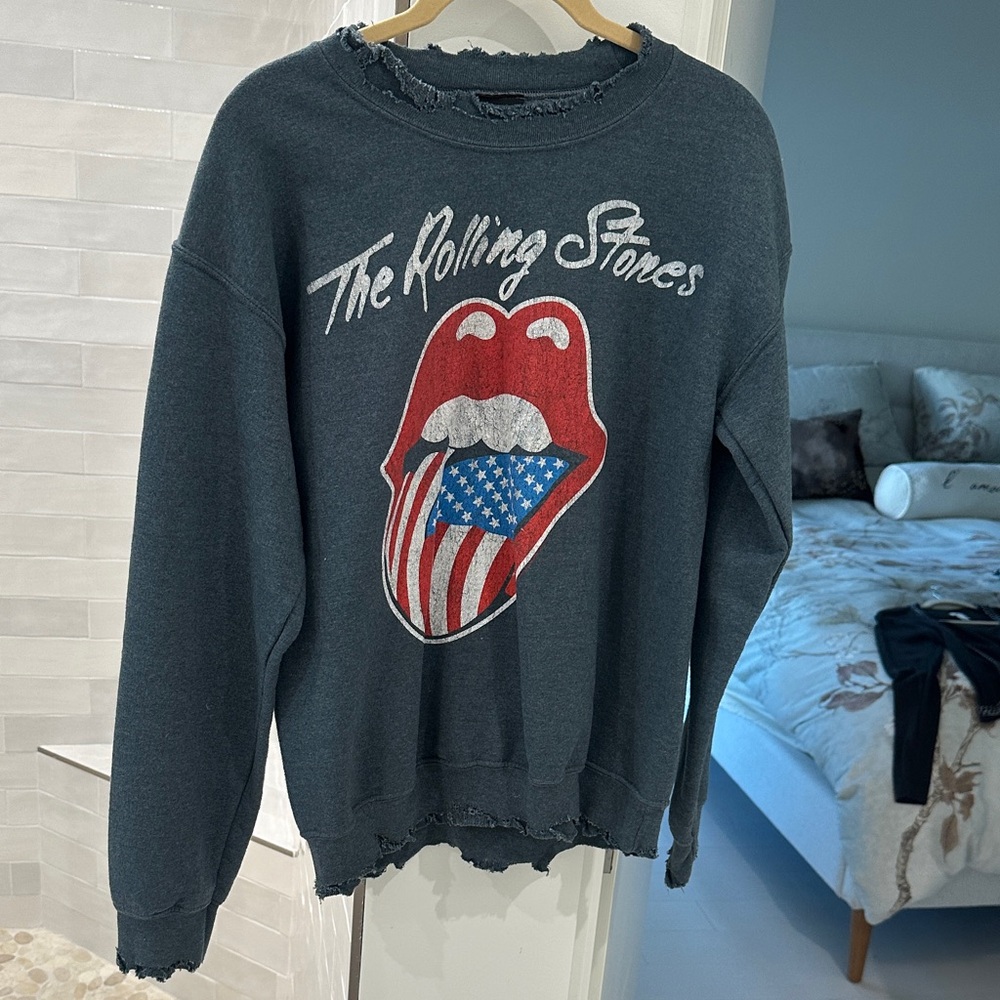 Vintage Rolling Stones Charcoal Gray Sweatshirt w Distressed Collar & Waistband